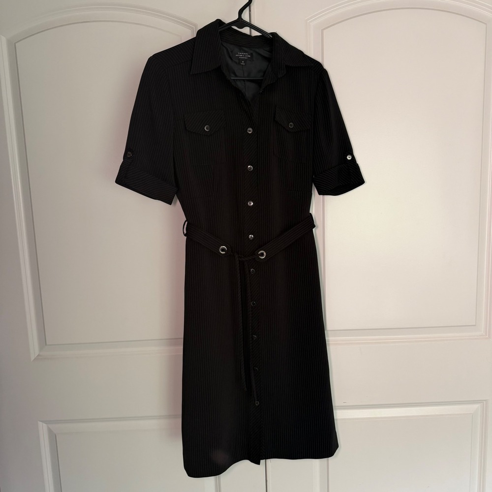 Tahari Arthur S. Levine Essentials Pinstripe Shirt Dress Black White Belted 6